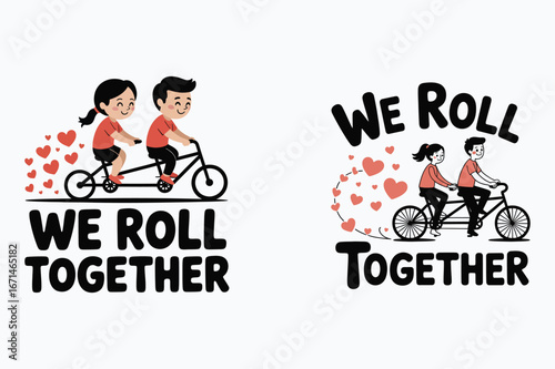 Couple riding tandem bicycle with hearts love