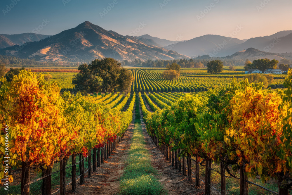 Naklejka premium Lush vineyard with neat rows of grapevines glowing in golden sunlight
