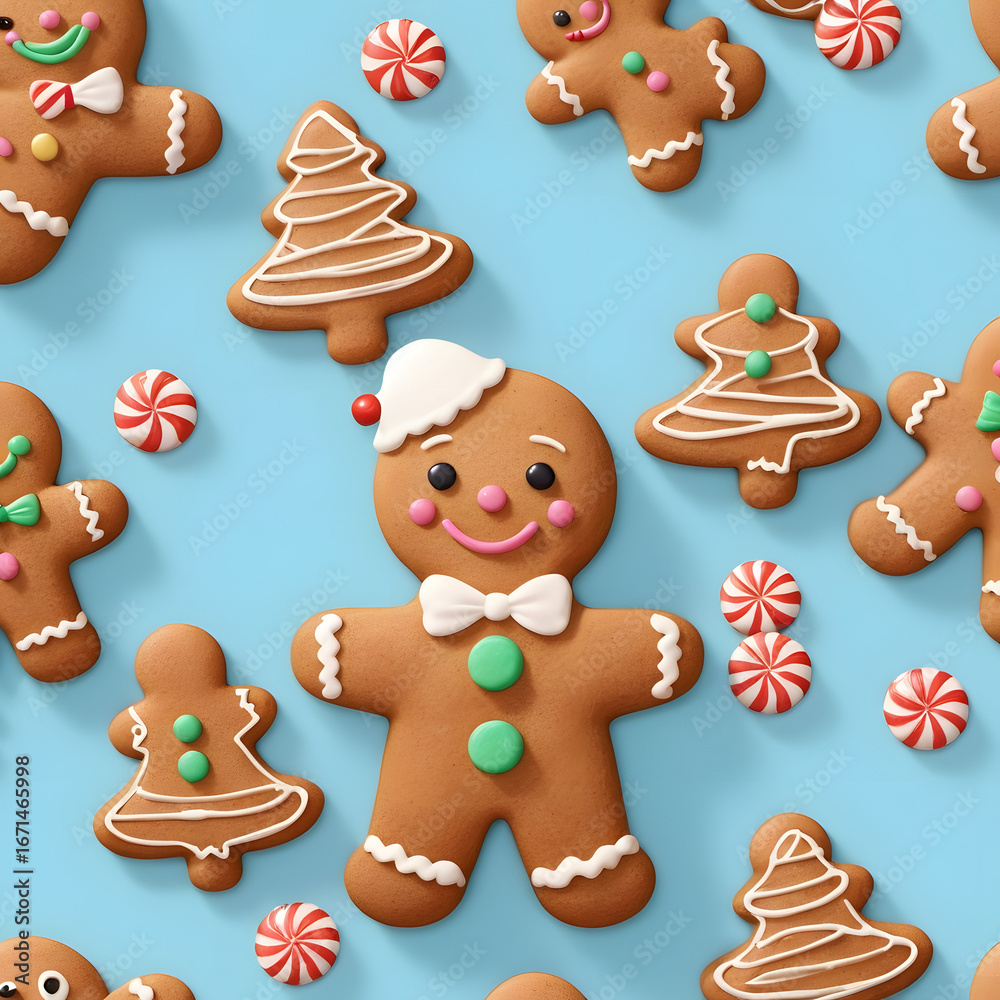 Fototapeta premium Festive gingerbread men and Christmas trees cookies arranged on a light blue background with candy.
