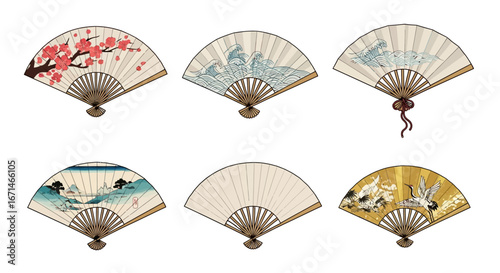 Collection of six traditional Japanese folding fans with classic nature motifs. Illustrated set includes cherry blossoms, ocean waves, and cranes