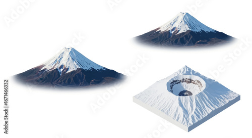 Set of 3D illustrations of a snow-capped volcano icon, showing different angles including a profile and an isometric crater view isolated on white