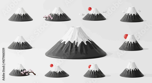 Collection of stylized representations of a majestic mountain, reminiscent of Mount Fuji, adorned with cherry blossoms and a rising sun motif
