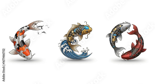 A collection of stylized Japanese Koi fish illustrations representing harmony, luck, and perseverance, featuring dynamic carp with traditional wave and balance symbols