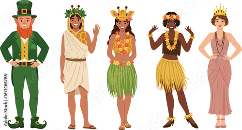 Diverse group of five cartoon characters in traditional cultural costumes celebrating holidays and festivals isolated on transparent background