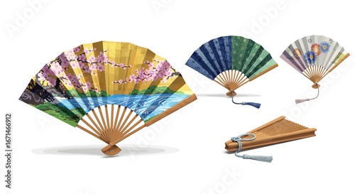 Diverse Collection of Japanese Fans A Colorful Display of Traditional Art and Design