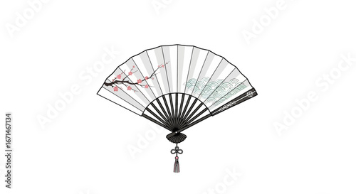 Elegant illustration of a traditional Asian folding hand fan with a delicate pink cherry blossom branch design