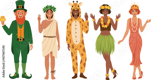 A diverse group of five people dressed in distinct costumes including a leprechaun greek goddess giraffe hula dancer and flapper girl isolated on transparent background