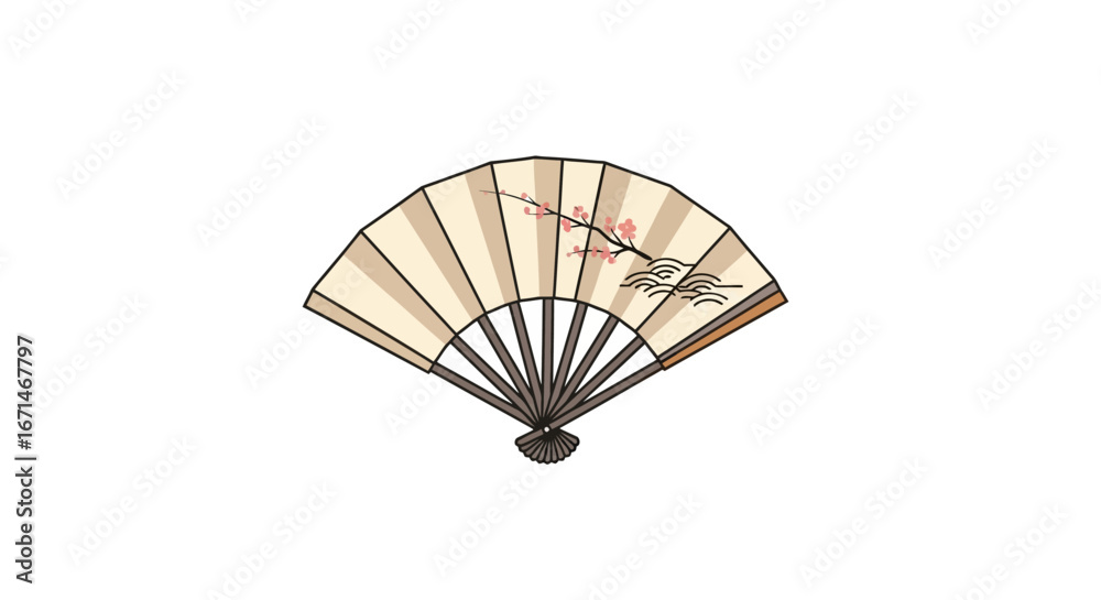 Obraz premium An elegant illustration of a traditional Japanese folding fan decorated with a delicate branch of pink cherry blossoms, isolated on a white background