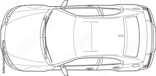 Detailed overhead blueprint sketch of a modern sports car showing its sleek aerodynamic design and contours isolated on transparent background