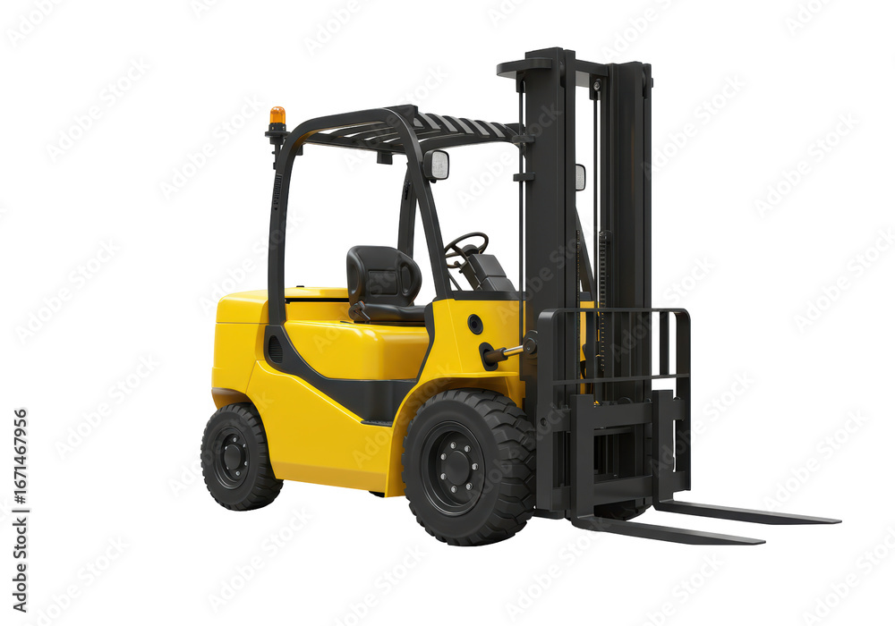 Fototapeta premium Isolated yellow forklift truck with vertical mast ready for work in a warehouse facility