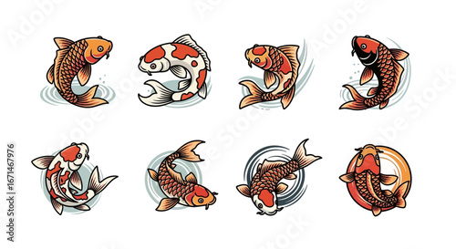 Set of vibrant Japanese koi fish illustrations symbolizing luck, strength, and perseverance in a traditional tattoo style