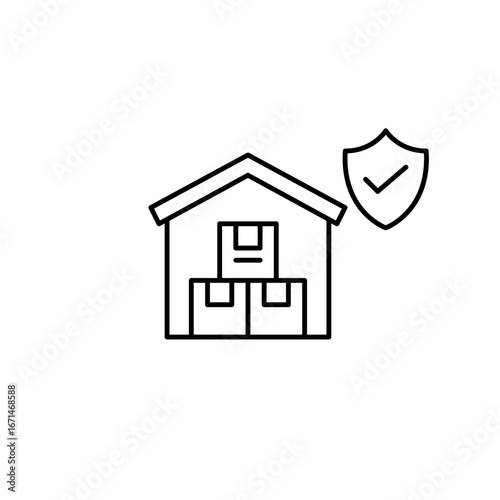 Warehouse, checkmark and shield. Secure storage, verified facility for logistics and supply. Pixel perfect, editable stroke vector icon