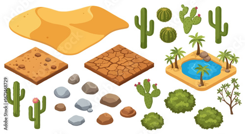 Isometric 2:1 video game-style vector illustration of desert landscape assets | Includes sand dunes, cacti, dry cracked ground tile, scattered rocks, small oasis with water, desert shrubs
