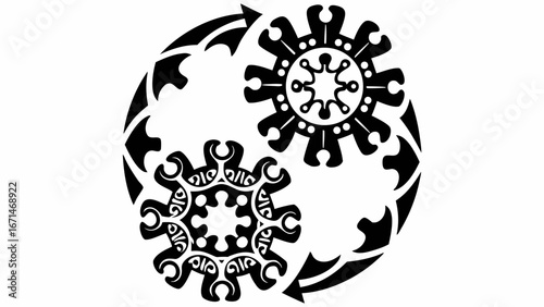 Decorative black and white design featuring two stylized floral shapes within a circular arrow motif silhouette