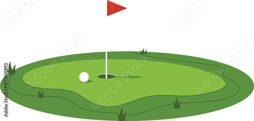 A vibrant cartoon illustration of a golf hole with a red flag golf ball and green grass on a transparent background isolated on transparent background