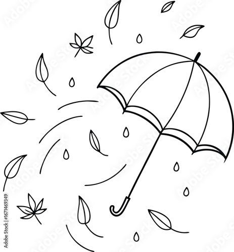 Line Art of Umbrella Catching Falling Leaves