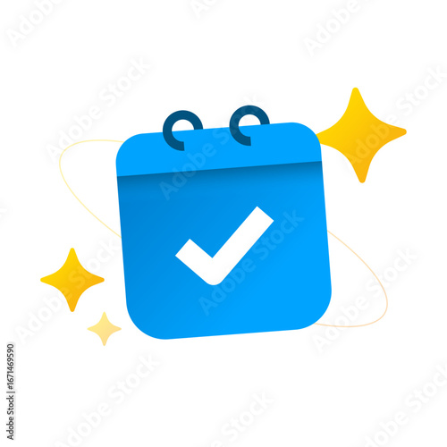 Modern gradient illustration of a calendar with check mark and glowing sparkles. completed schedule, confirmed appointment, successful planning, task done, and deadline achieved