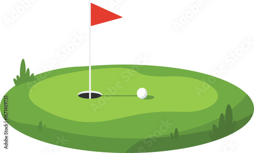 A realistic illustration of a golf hole with a flag cup and ball on a green putting surface isolated on transparent background