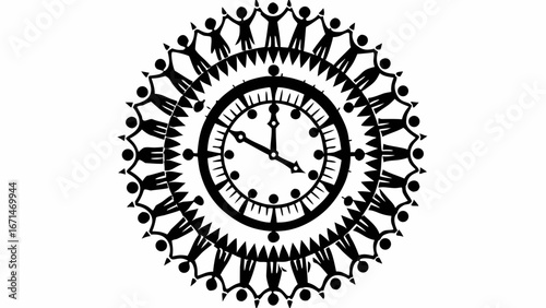 Clock face surrounded by people holding hands in a circular pattern black and white illustration art silhouette