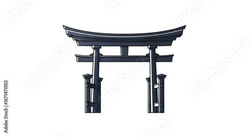 A classic Japanese Torii gate, a traditional Shinto shrine entrance, standing prominently against a clean white background