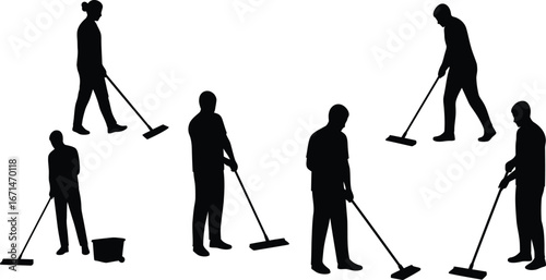 Collection of silhouetted figures performing cleaning tasks with mops and buckets representing domestic chores and janitorial work isolated on transparent background