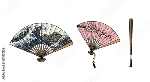 Elegant collection of Japanese folding hand fans with traditional ocean wave and pink cherry blossom designs. Isolated sensu accessory set open and closed