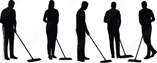 Silhouettes of five diverse people in various poses cleaning with mops on a transparent background representing household chores and janitorial services isolated on transparent background