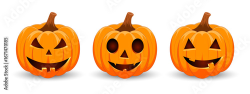 Set carved Halloween pumpkins with different scary faces isolated on white background. The main symbol of the Happy Halloween holiday. Vector illustration.