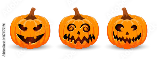 Set carved Halloween pumpkins with different scary faces isolated on white background. The main symbol of the Happy Halloween holiday. Vector illustration.