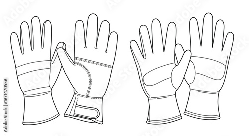 Pair of detailed outline drawings of protective work gloves shown from the front and side with a clean white background silhouette