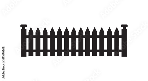 Classic wooden picket fence section with pointed tops and decorative posts creating a charming boundary in a silhouette style