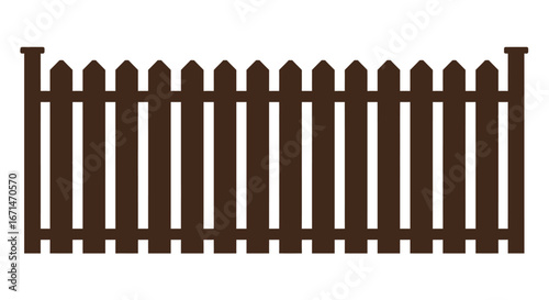 A dark brown wooden picket fence with pointed tops and a white background in a clean silhouette style