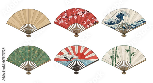 Collection of Decorative Japanese Folding Fans with Traditional Patterns
