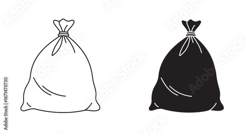 Two stylized illustrations of a tied garbage bag one in outline drawing and the other in solid black silhouette