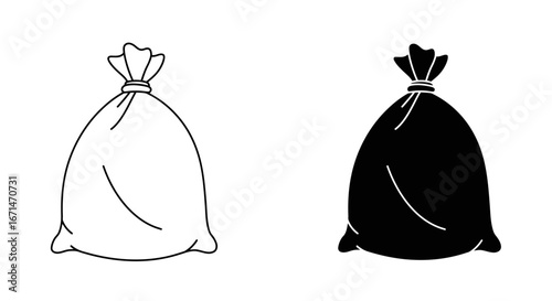 Two stylized illustrations of tied garbage bags one in black silhouette and the other in outline representing waste disposal and collection silhouette
