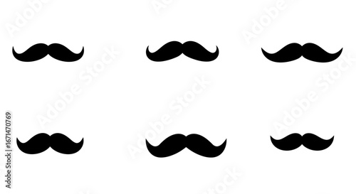 Six distinct black mustache silhouettes arranged in two rows of three against a clean white background showcasing classic styles silhouette