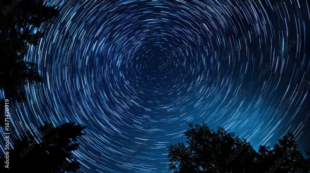 Fototapeta premium Star trails circling the night sky.