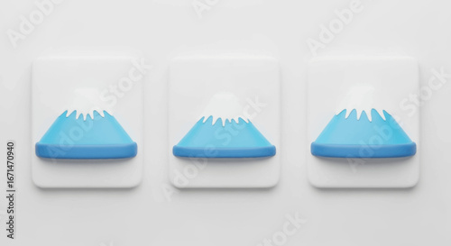 A collection of three distinct minimalist 3D representations of snow-covered peaks, rendered with smooth contours and soft colors, ideal for contemporary graphic design projects