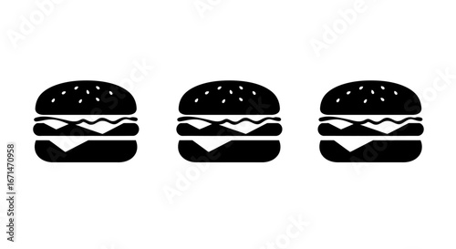 Three classic cheeseburger silhouettes lined up in a row against a stark white background representing fast food options silhouette