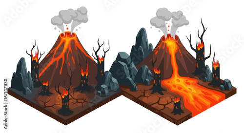 Isometric 2:1 video game-style vector illustration of volcano landscape assets | Includes volcano mountain with lava flow, volcanic rocks, burned trees, ash clouds, cracked ground tile