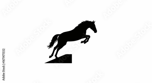 Powerful black silhouette of a horse leaping over an obstacle with its mane and tail flowing elegantly against a white background silhouette