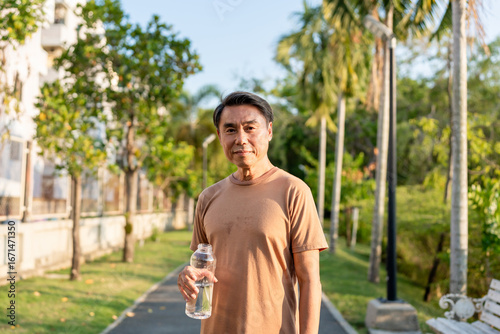 Portrait of Asian elderly man drinking water while running in garden.