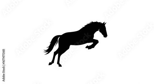 Dynamic black silhouette of a powerful horse in mid air captured in a striking rearing pose against a clean white background symbolizing freedom and strength silhouette