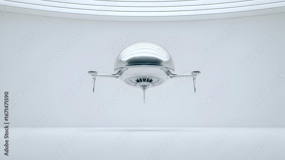 Obraz premium Silver Flying Saucer Hovering in Bright White Room with Futuristic Design