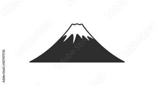 Minimalist black and white icon of Mount Fuji, a famous Japanese volcano with a snow-capped peak. Simple silhouette vector illustration for travel and nature concepts