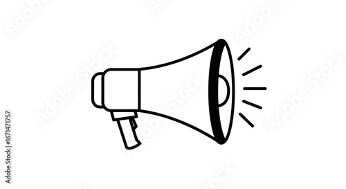 Simple hand drawn outline of a megaphone emitting sound waves in a bold black silhouette style on a white background