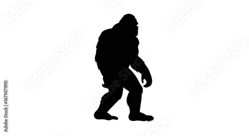 Mysterious creature bigfoot sasquatch depicted as a stark black silhouette standing isolated against a clean white background