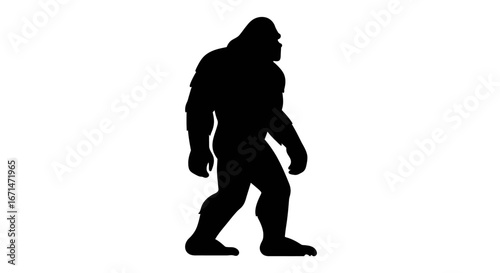 A striking black silhouette of the legendary bigfoot creature walking from left to right against a clean white background bigfoot silhouette