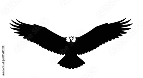 Majestic black silhouette of a powerful eagle with wings spread wide in flight against a clean white background representing freedom and strength silhouette