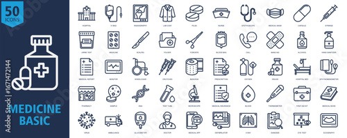 Medicine Basic Icon Set Outline with hospital, iv bag, radiography, lab coat, nurse, stethoscope, medical mask, capsule